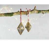 Set of 2 Large Antique Brass Gold Glass Mirror Diamond Hanging Xmas Tree Decorations, Sakata by Nkuku, Vintage Xmas Hanging Decorations, Fairtrade Christmas Sustainable Baubles