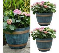 Gr8 Garden Set Of 2 Large Blue Rustic Wood Style Wooden Effect Plastic Half Barrel Cask Planter 38cm Patio Flower Plant Pot Tub
