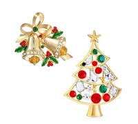Set of 2 Large Fashion Statement Colorful Crystal Decorated Holiday Holly Christmas Tree & Bells Scarf Brooch Pin For Women Yellow Gold Plated