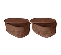 (Set of 2) -Large Storage Boxes with Lid 14 Litre Stackable Containers with Handles (37 x 17.3 x 26.2cm) Multipurpose Plastic Storage Container Oval Knit Design ETC Basket- Brown