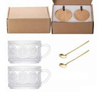 Set of 2 Latte Machido Mugs, 450ml Glass Coffee Mug with Lid and Spoon for Tea, Milk, Cappuccino and Ice American Coffee (Sunflower)