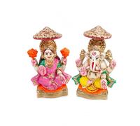 Set of 2 Laxmi Ganesh Ganpati Ji Handcrafted Clay Mitti Lord Ganesh God Goddess Lakshmi Idol Set for Home Decor Pooja Idol Statue Murti Traditional Housewarming Festival (Size:-Height 5")(Multicolor)