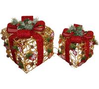 Set Of 2 Light Up Christmas Gold Rattan Parcels With Red Bow - With Battery Powered Led Lights