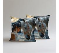 Set of 2 Linen Cushion Covers, Horse Cushions 40x40cm Square Throw Pillow Cases, Decorative Throw Pillowcases with Invisible Zipper, Livingroom Sofa Bedroom for Home Décor, Bedroom Sofa, Woman S0A-266