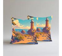 Set of 2 Linen Cushion Covers, Watchtower Cushions 40x40cm Square Throw Pillow Cases, Decorative Throw Pillowcases with Invisible Zipper, Livingroom Sofa Bedroom for Home Décor, Sofa, Landscape S0A298