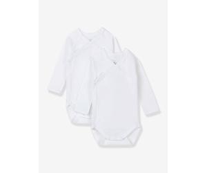 Set of 2 Long Sleeve Wrapover Bodysuits in Organic Cotton for Newborn Babies, by Petit Bateau white light two color/multicol