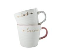 Set of 2 “Love” and “Laugh” Ceramic Mugs, 410ml Inspirational Quote Coffee Cups, White with Gold Script, Gift Box
