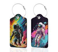 Set of 2 Luggage Tags for Suitcases, Astronauts in Space Baggage Tags with Stainless Steel Loop, Privacy Name ID Leather Card Cover Kawaii Travel Labels for Women Men Kids Girls
