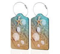 Set of 2 Luggage Tags for Suitcases, Leather Starfish Shell Beach Baggage Tags with Stainless Steel Loop, Privacy Name ID Card Cover Kawaii Travel Labels for Women Men Kids Girls