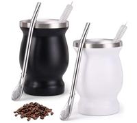 Set of 2 Mate Mugs, Mate Tea Cup Set with Spoon and Cleaning Brush, Stainless Steel Mate Tea Set, Yerba Mate Tea Cup Set, Dishwasher Safe and Durable for Kitchen, Restaurant, Cafe (Black + White)