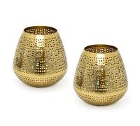 Set of 2 Matt Gold Tealight Candle Holders | Antique Style Candle Lanterns 15cm