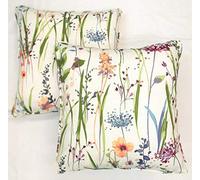 Set of 2 Meadow Flowers Cushion Covers Vibrant Pink and Purple Lilac Heather Botanical Flowers on Green Stems and Leafs Design On a White Background Pillow Case 18" x 18" PROUDLY MADE IN THE UK