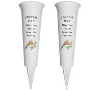 Set of 2 Memorial Grave Flower Pot - 33cm tall Sturdy White Memorial Graveside Flower Vase with Spike and Robin Image (Special Dad)