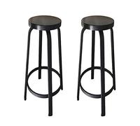 Set of 2 Metal Bar Stools with Solid Wood Seat, 24-Inch Round High Chairs, Sleek Matte Black Finish, Perfect for Kitchen, Dining, or Home Bar Use
