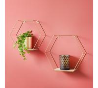 Set of 2 Metal Wired Hexagon Wall Floating Shelves Elegant Design G-0355