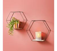 Set of 2 Metal Wired Hexagon Wall Floating Shelves Elegant Design G-0356