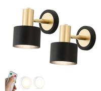 Set of 2 Mid Century Modern Battery Operated Wall Sconces - Remote Control, Non-Hardwired, Black Gold Metal, Industrial Farmhouse Style, Cordless Lighting for Living Room & Bedroom