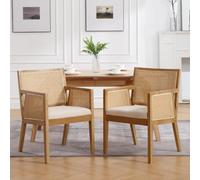 Set of 2 Mid Century Modern Rattan Back Dining Chairs with Arms, Cream Linen Upholstered Kitchen Side Chairs, Stylish Wooden Frame for Dining Room Decor