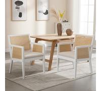Set of 2 Mid Century Modern Rattan Back Dining Chairs with Arms, Cream Upholstered Linen Fabric, White Wooden Frame - Stylish Kitchen Side Chairs for Dining Room