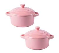 Set of 2 Mini Ceramic Casserole Pots with Lids, Oven-Safe Small Soup Pots, Perfect for Soups, Stews, and Side Dishes(Pink)