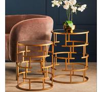 Set of 2 Mirrored Glass Top and Gold Maze Design Base Side Tables | Avantis