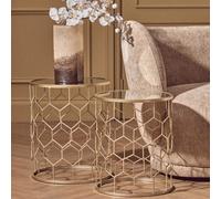 Set of 2 Mirrored Glass Top Honeycomb Side Tables with Gold Metal Frame | Arcana