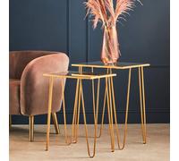 Set of 2 Mirrored Glass Top Rectangular Side Tables with Gold Metal Hairpin Legs