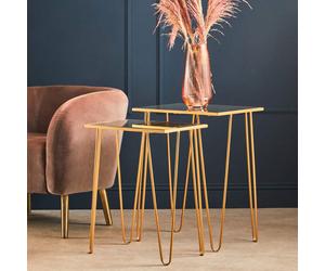Set of 2 Mirrored Glass Top Rectangular Side Tables with Gold Metal Hairpin Legs