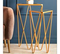 Set of 2 Mirrored Glass Triangle Top Side Tables with Gold Hairpin Legs | Avanti