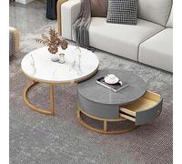 Set of 2 Modern Round Coffee Tables with Drawer Storage - Slate Marble Texture Metal Frame - Stylish Nesting Side & Sofa Tables for Living Room & Bedroom - Contemporary Tea & Snack Table