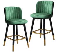 Set of 2 Modern Velvet Bar Stools Green Swivel Counter Chairs with Black Legs & Gold Chrome Footrest Perfect for Kitchen or Reception Area Seat Height 65cm