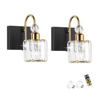 Set of 2 Modern Wireless BatteryOperated Glass Crystal Wall Sconces with Remote & Bulb Dimmable Timed Lighting for Bathroom Hallway Foyer Bedroom (Black Gold)