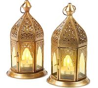 SET of 2 Moroccan Vintage Glass Lantern Lights Basem 16cm | Oriental Garden Outdoor Hanging Lanterns for Candles as Decorations | Arabian Indoor Candle Tea Light Holders as Indian Party Home Décor