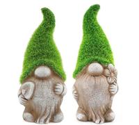Set of 2 Mossy Hat Garden Gnomes - 18cm 7" Stone-Effect Gonks with Grass Green Flocked Hats & Spades - Cute Figurines for Home, Patio, Balcony or Garden Decor