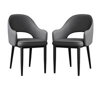 Set of 2 Napa Leather Dining Chairs with Ergonomic Armrests and Metal Legs for Home and Commercial UseDark Grey Color Black Legs