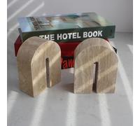 Set of 2 Natura Marble Bookends for Shelves, Decorative Book Ends for Heavy Books, Book Stopper Office Bookshelf Decor for CDs/Video Games (Beige Travertine)