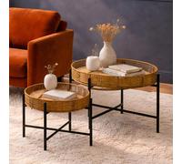 Set of 2 Natural Rattan Top Side Tables with Cross Black Metal Frame | Batu