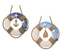 Set of 2 Nautical Lifebuoy Wall Decorations, Coastal Beach House Hanging Ornaments with Rope, Starfish, Anchor & Sailboat, Rustic Marine Wall Art for Bathroom, Bedroom, Living Room & Beach Hut
