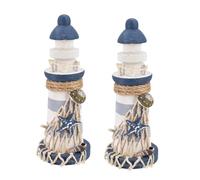 Set of 2 Nautical Lighthouse Ornaments | 15cm Wooden Lighthouse Decorations Coastal Home Decor with Rope, Netting, Starfish & Seashells