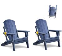 Set of 2 Navy Blue Adirondack Chairs with Cup Holders Weatherproof Plastic Outdoor Lounge Chairs Foldable Garden Seating Perfect for Patio and Relaxation