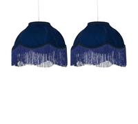 Set of 2 Navy Blue Velvet Fringed Ceiling Pendant Lightshades or Table Lampshades, Easy Fit Shades, Vintage Design, 35cm Diameter
