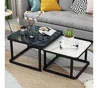 Set of 2 Nesting Coffee TablesStackable Marble Effect with Tempered Glass TopModern Metal Side Tables for Living RoomBlack Frame (70cm Black + 60cm White)