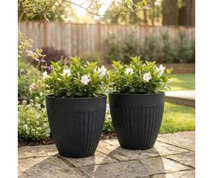 Set Of 2 Nicoman 36Cm Tall Round Ribbed Effect Black Rubber Planters - Non-Crack Non-Shed Indoor Outdoor Planter