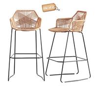 Set of 2 Nordic Bar Stools Simple Style Backrest Coffee Restaurant High Stools Iron Rattan Wicker High Back Chair with Footrest,Black Metal Legs