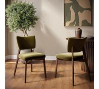 Set of 2 Olive Green Velvet Dining Chairs with Walnut Legs - Greta