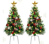 Set of 2 Outdoor Christmas Trees, 82cm Lighted Pre-Lit Artificial Pathway Xmas Tree Yard Decorations, Battery Operated Small Entryway Porch Tree for Grave,Garden Decor,Outside Holiday Display