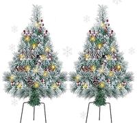Set of 2 Outdoor Christmas Trees Decorations, 76.2cm Pre-lit Flocked Xmas Pathway Tree with Ornaments, Lighted White Artificial Entrance Trees,Battery Operated Potted Tree for Porch Yard Outside Decor