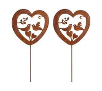 Set of 2 Outdoor Rustic Rusty Metal Spike Love Birds Heart Garden Plaque Silhouette Ornament Gift