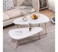 Set of 2 Oval Coffee Tables, Scandinavian Style with Solid Wood Legs, Modern White Center Tables (98 x 61 x 39 cm & 88 x 48 x 33 cm) - Stylish Living Room Furniture