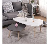 Set of 2 Oval Coffee Tables, Scandinavian Style with Solid Wood Legs, Modern White & Gray Center Tables (98 x 61 x 39 cm & 88 x 48 x 33 cm) for Living Room